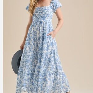 Altar'd State Light Blue & White Floral Square-Neck Maxi Dress